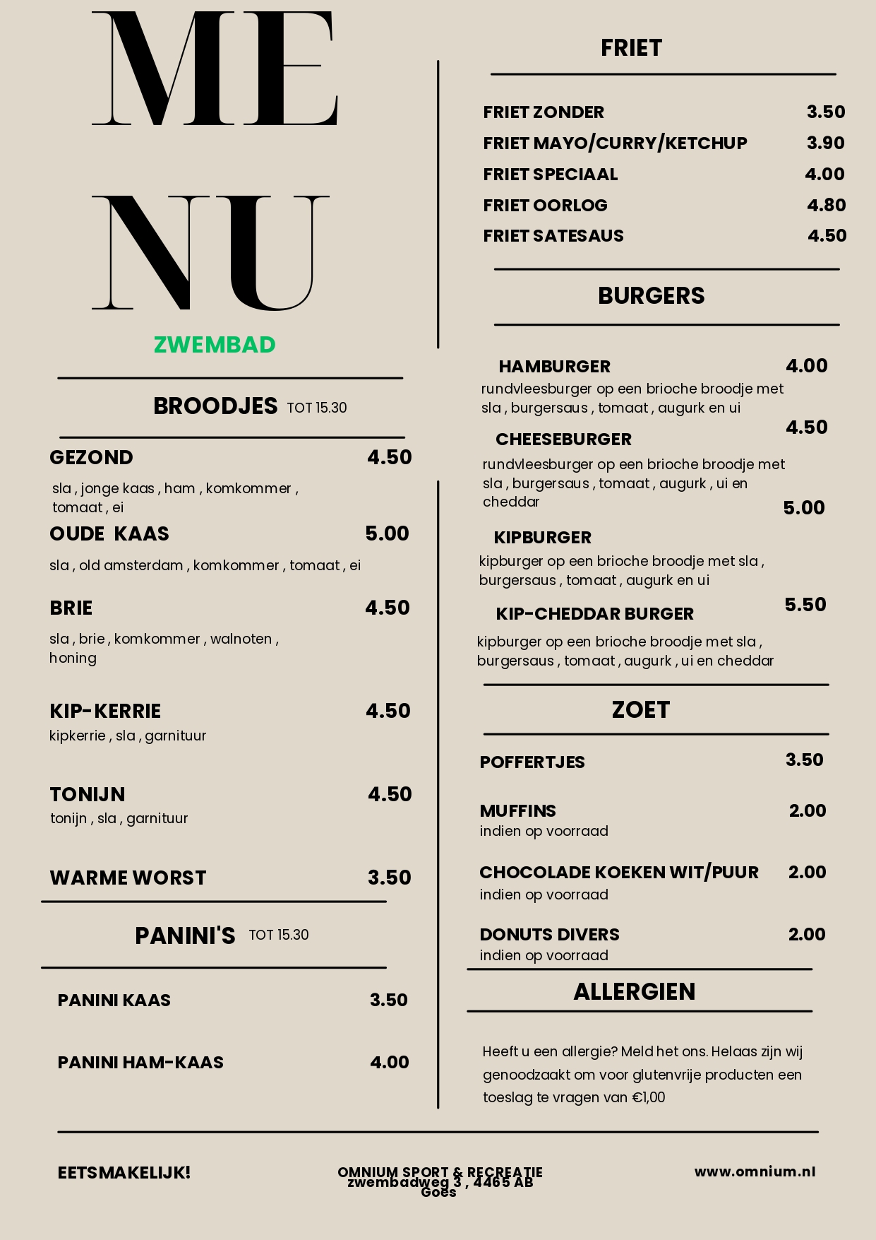 Menukaart Zwembad