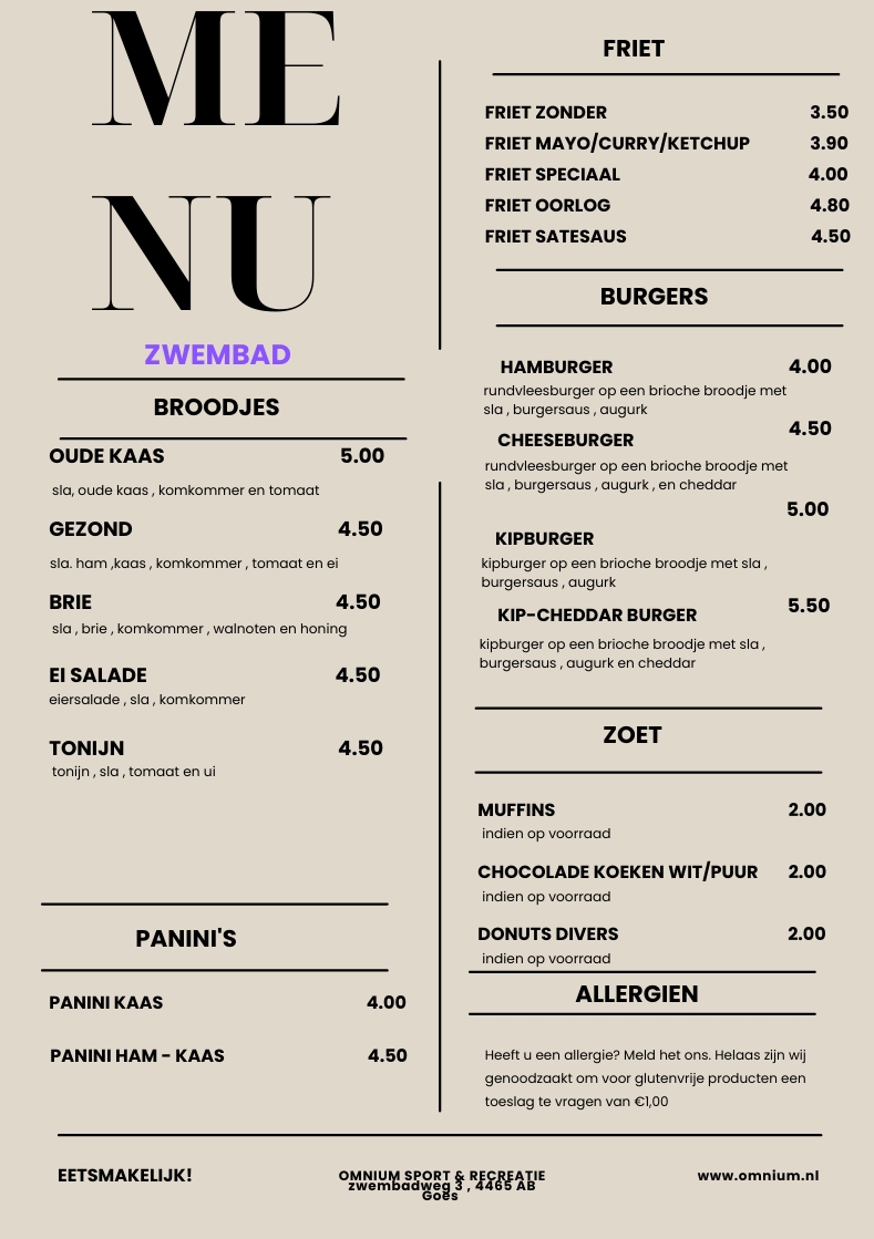 Menukaart Zwembad