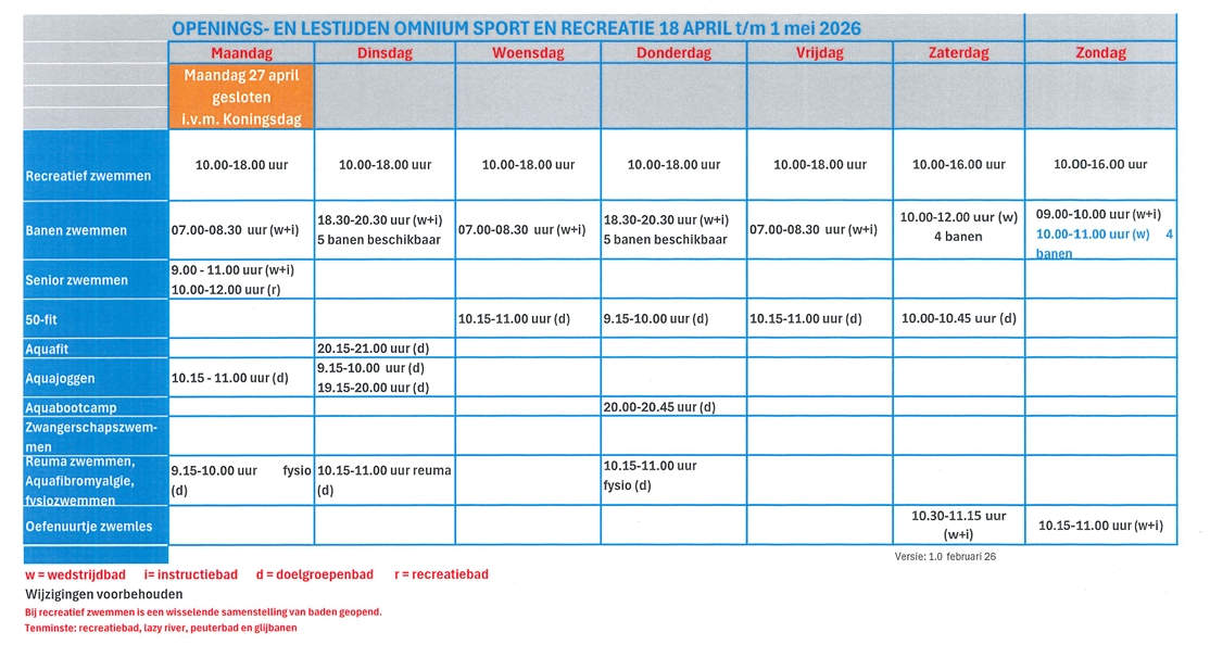 Rooster 18 april 2026 t/m 1 mei 2026
