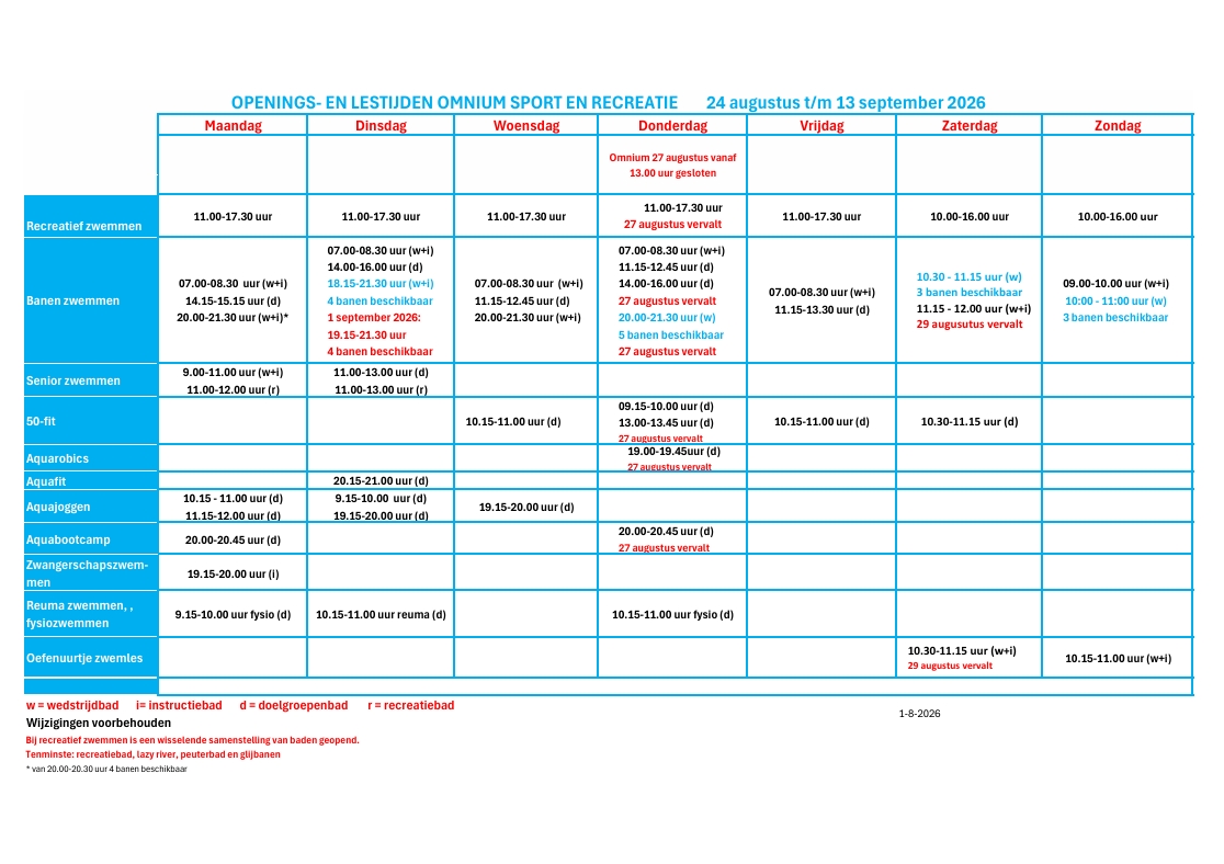 Rooster 24 augustus t/m 13 september 2026