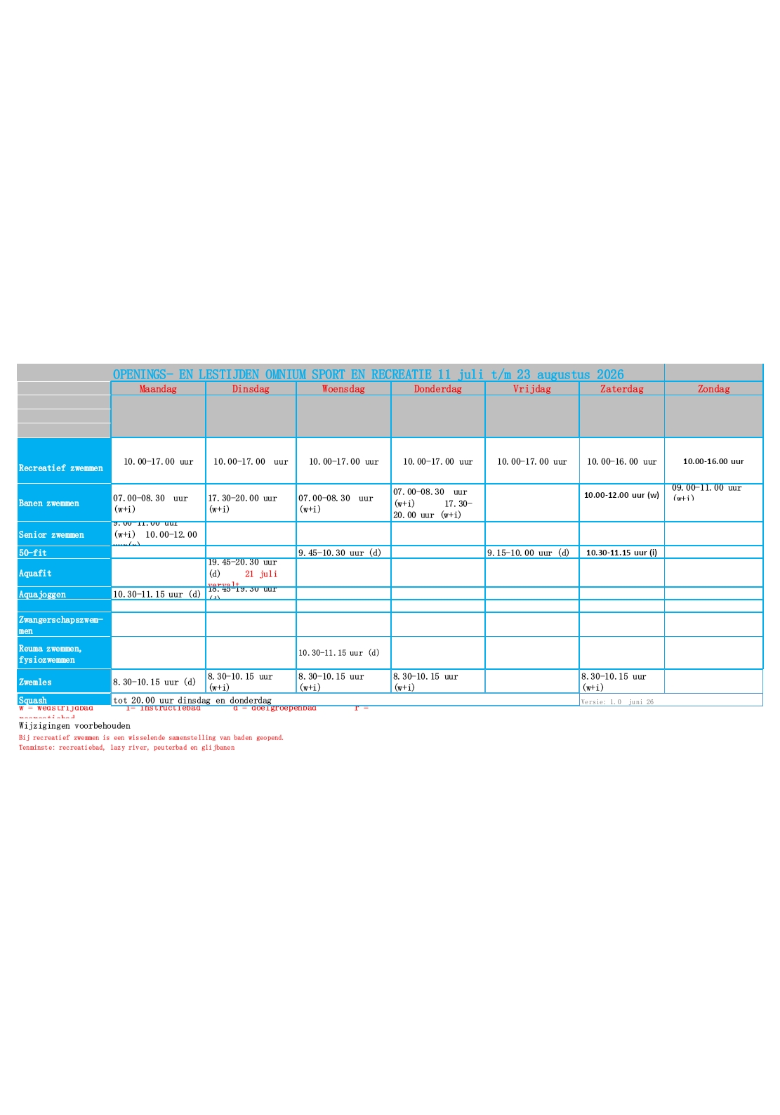 Rooster 11 juli t/m 23 augustus 2026
