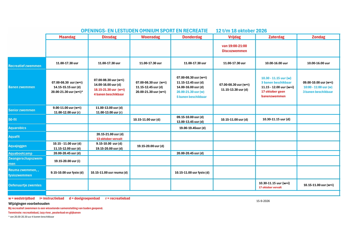 Rooster 12 oktober t/m 18 oktober 2026