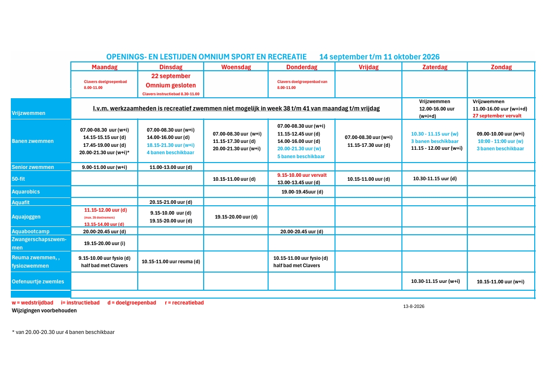 Rooster 14 september t/m 11 oktober 2026