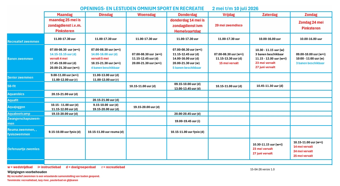 Rooster 2 mei 2026 t/m 10 juli 2026