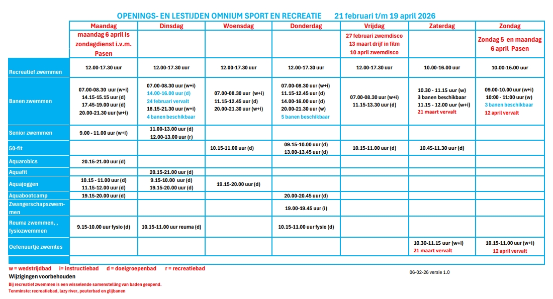 Rooster 21 februari 2026 t/m 19 april 2026