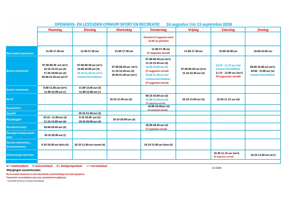 Rooster 24 augustus t/m 13 september 2026
